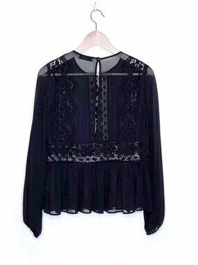 Sandro Paris Black Lace-Trim Peplum Chiffon Blouse In Black